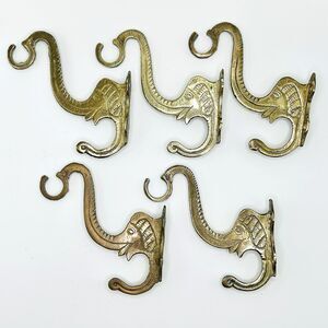 Vintage Brass Elephant Wall Double Hook Hanger with Trunk Up Set of 5